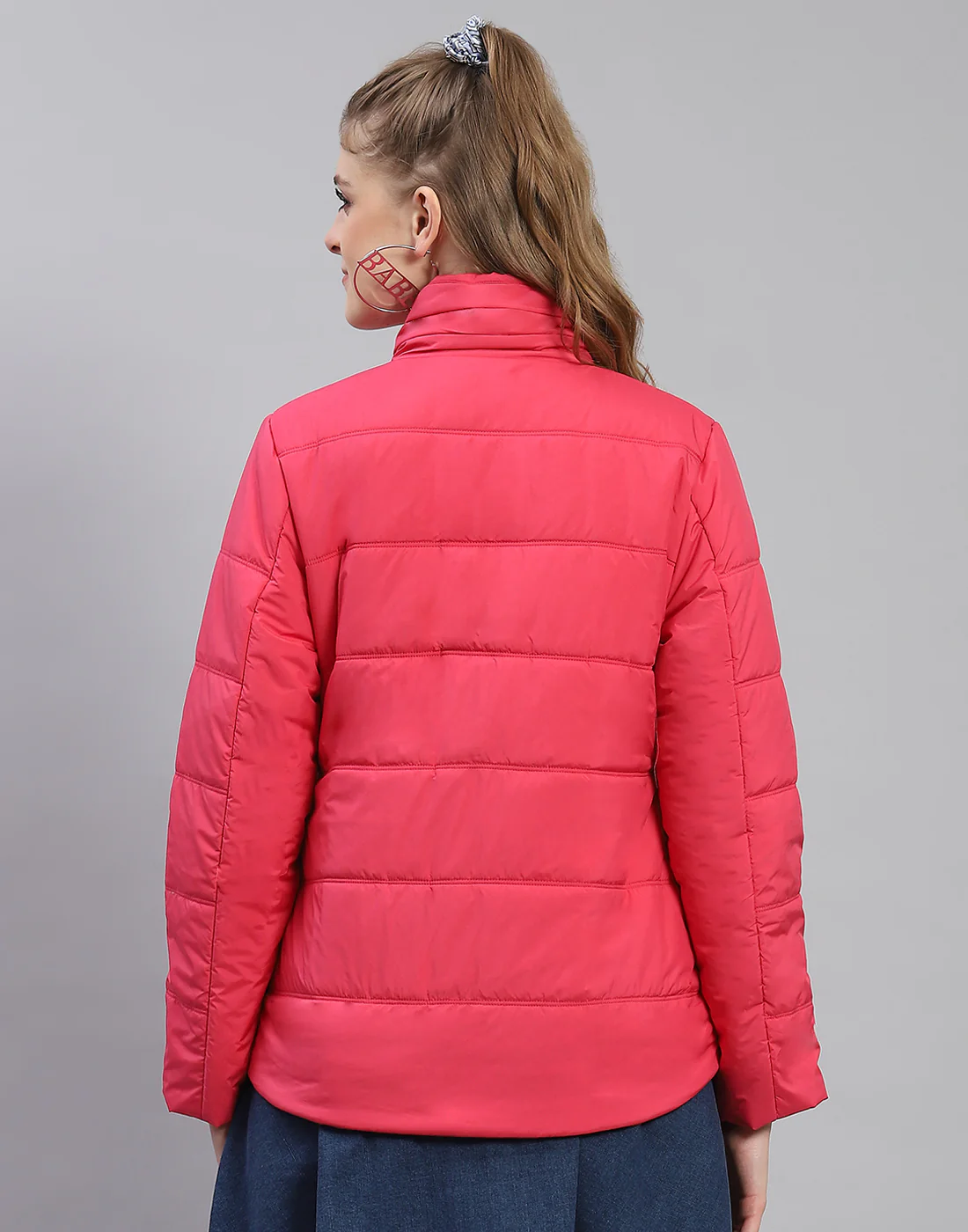 Women Pink Solid Stand Collar Full Sleeve Jacket - Image 5