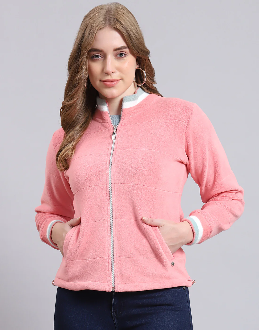 Women Pink Solid Stand Collar Full Sleeve Sweatshirt - Image 2