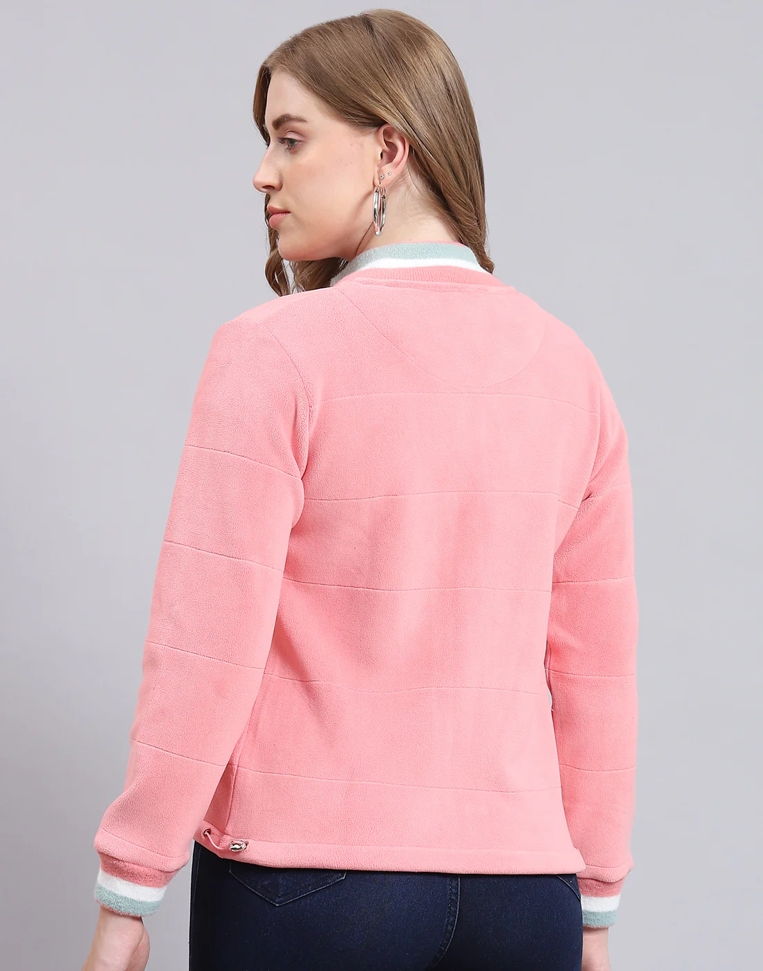 Women Pink Solid Stand Collar Full Sleeve Sweatshirt - Image 6