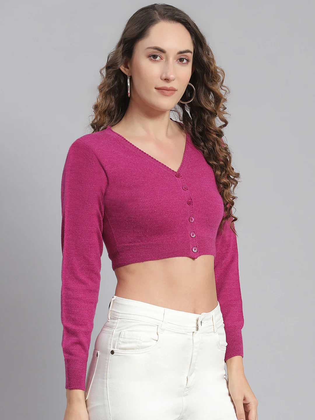 Women Pink Solid V Neck Full Sleeve Blouse - Image 5
