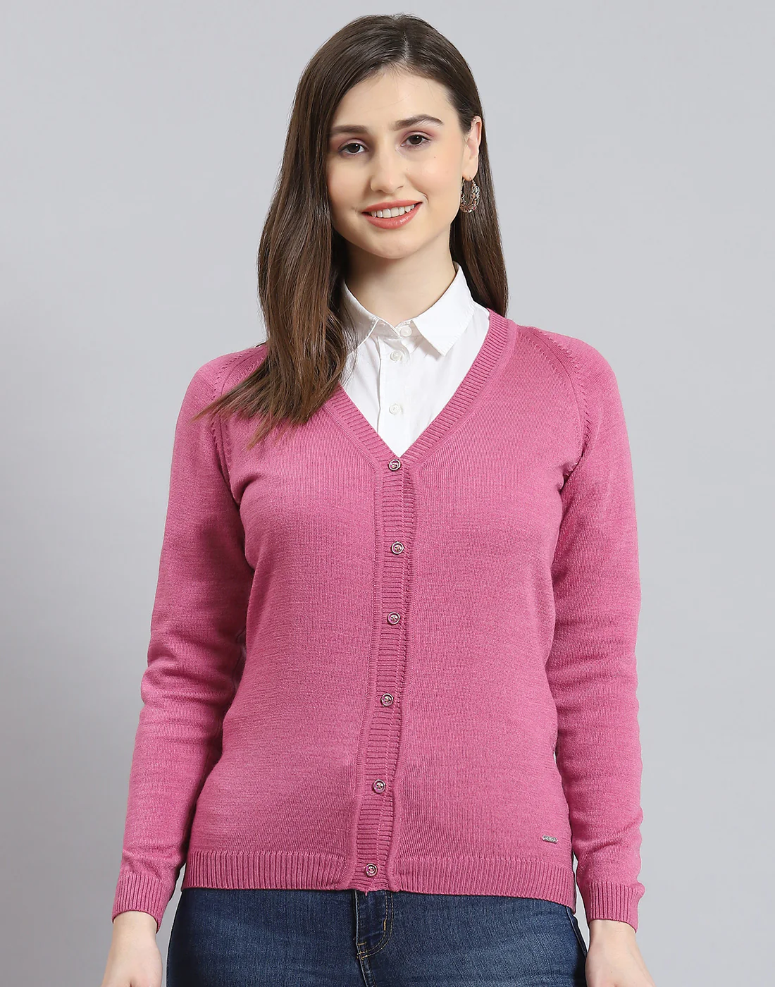 Women Pink Solid V Neck Full Sleeve Cardigan - Image 2