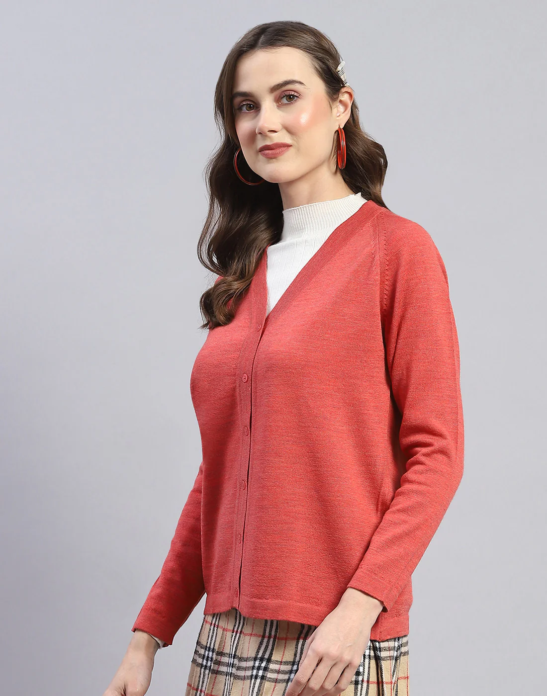 Women Pink Solid V Neck Full Sleeve Cardigan - Image 3