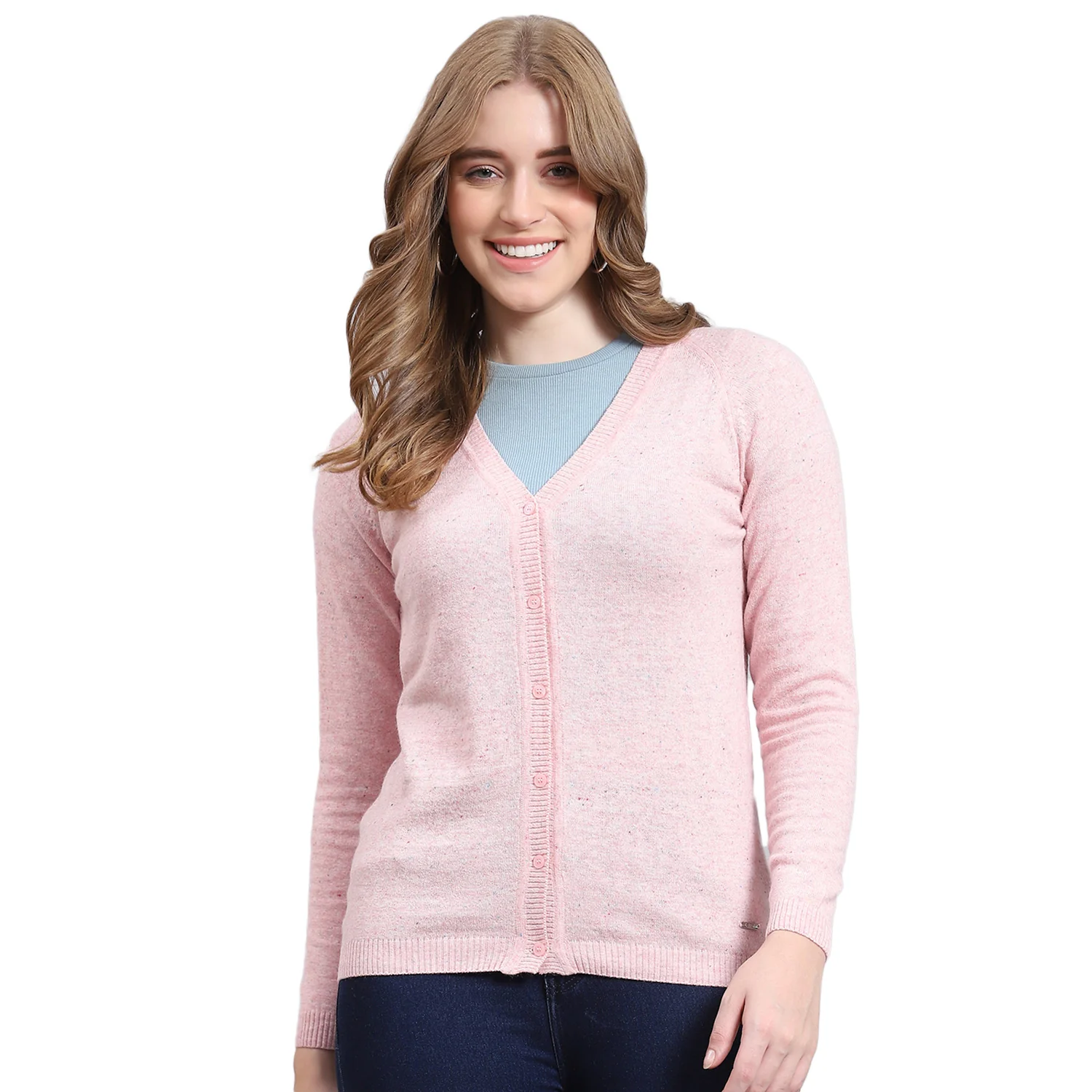 Women Pink Solid V Neck Full Sleeve Cardigan - Image 5