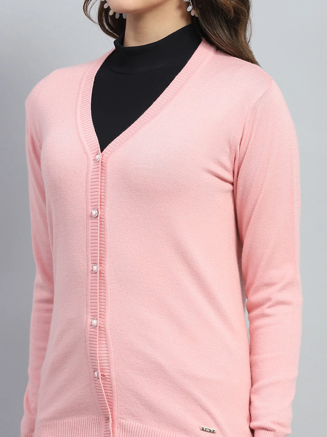 Women Pink Solid V Neck Full Sleeve Cardigan - Image 6