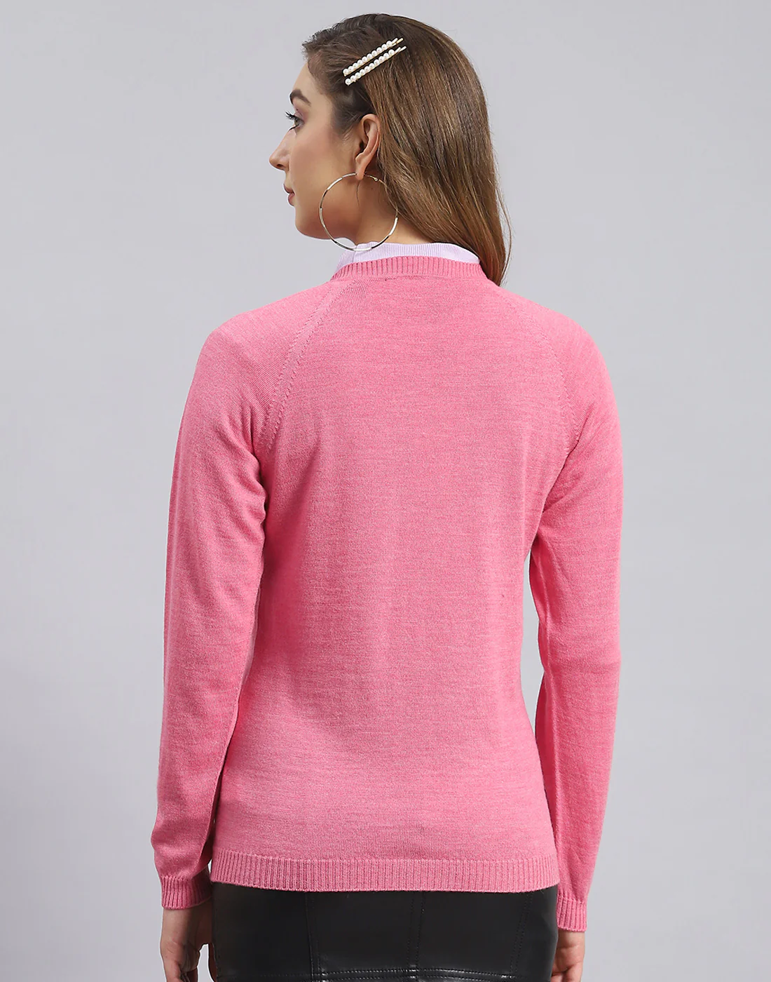 Women Pink Solid V Neck Full Sleeve Cardigan - Image 5