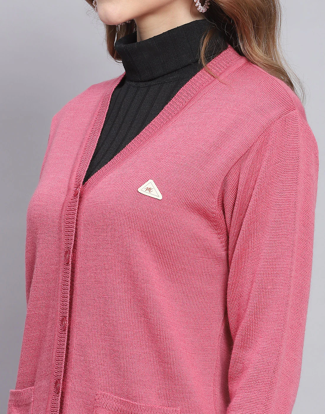 Women Pink Solid V Neck Full Sleeve Cardigan - Image 6
