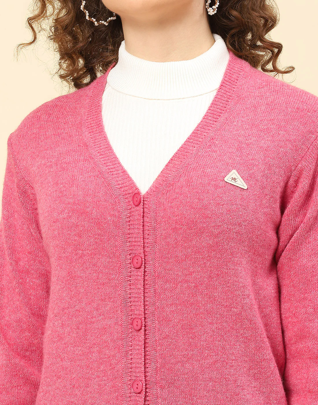 Women Pink Solid V Neck Full Sleeve Cardigan - Image 6