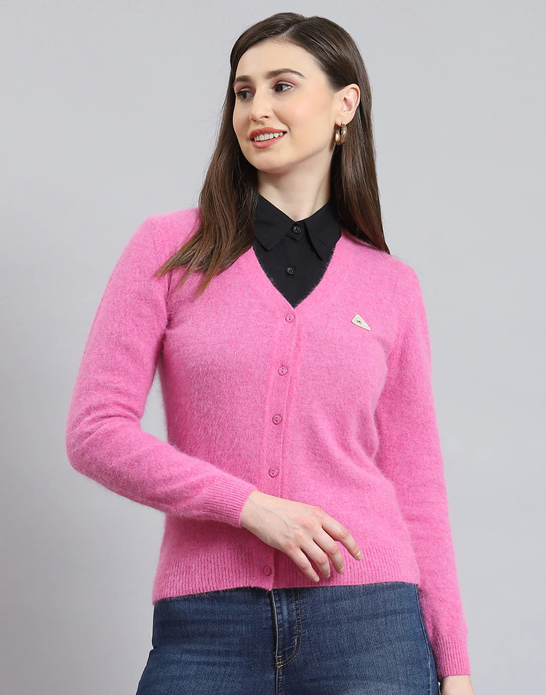 Women Pink Solid V Neck Full Sleeve Cardigan - Image 3