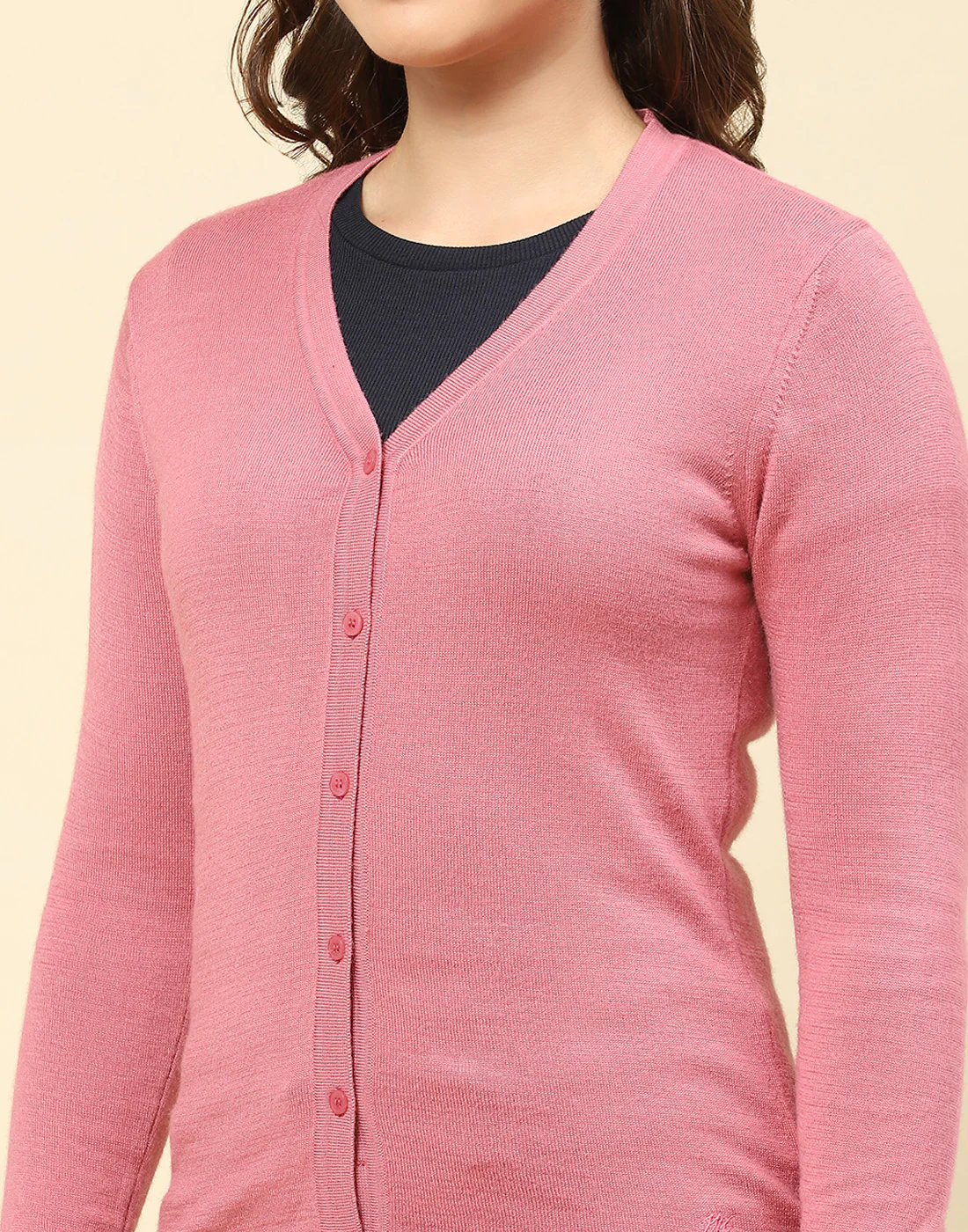 Women Pink Solid V Neck Full Sleeve Cardigan - Image 6