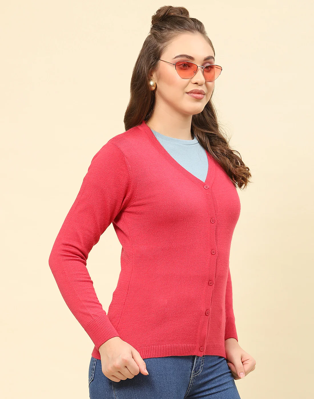 Women Pink Solid V Neck Full Sleeve Cardigan - Image 4