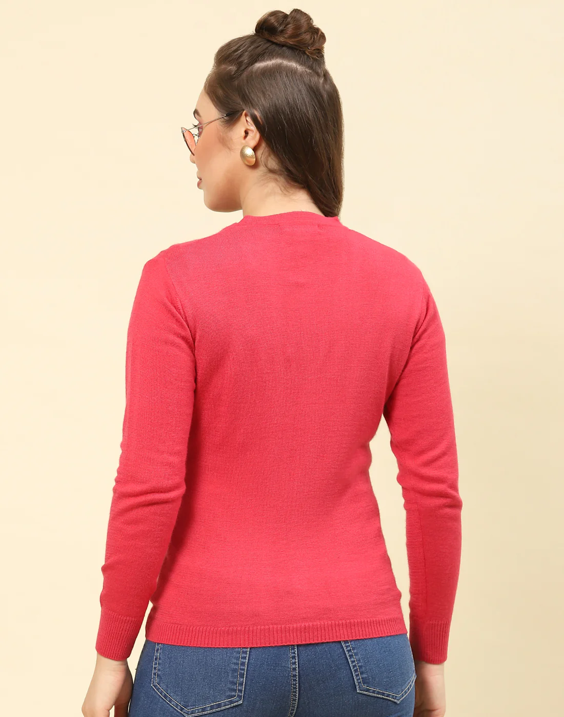 Women Pink Solid V Neck Full Sleeve Cardigan - Image 5