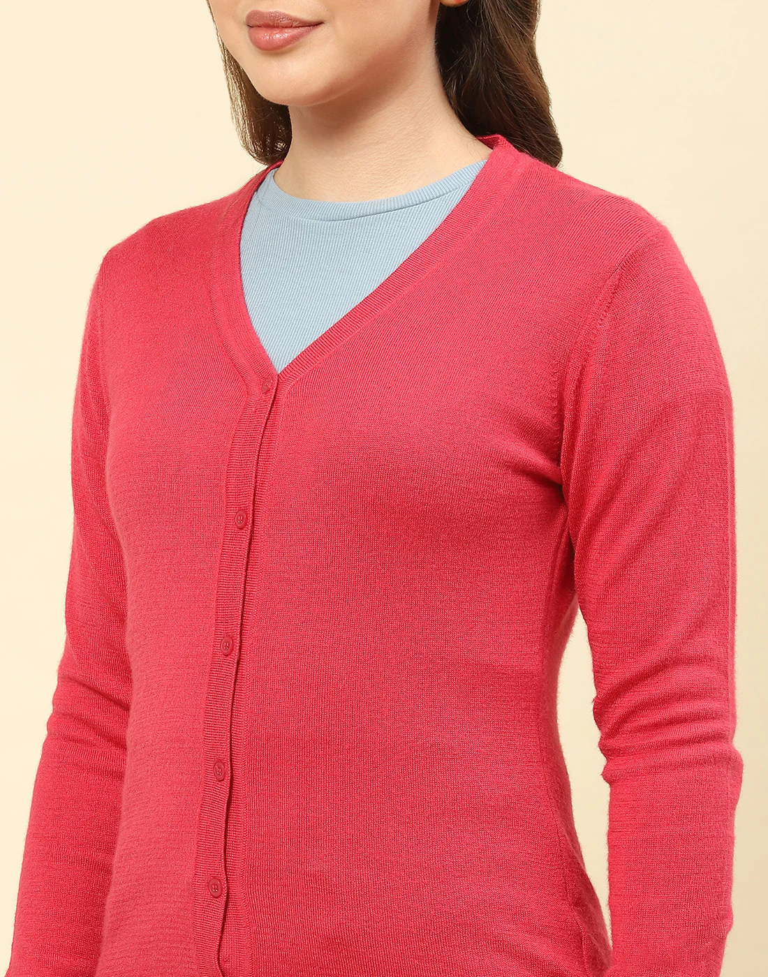 Women Pink Solid V Neck Full Sleeve Cardigan - Image 6