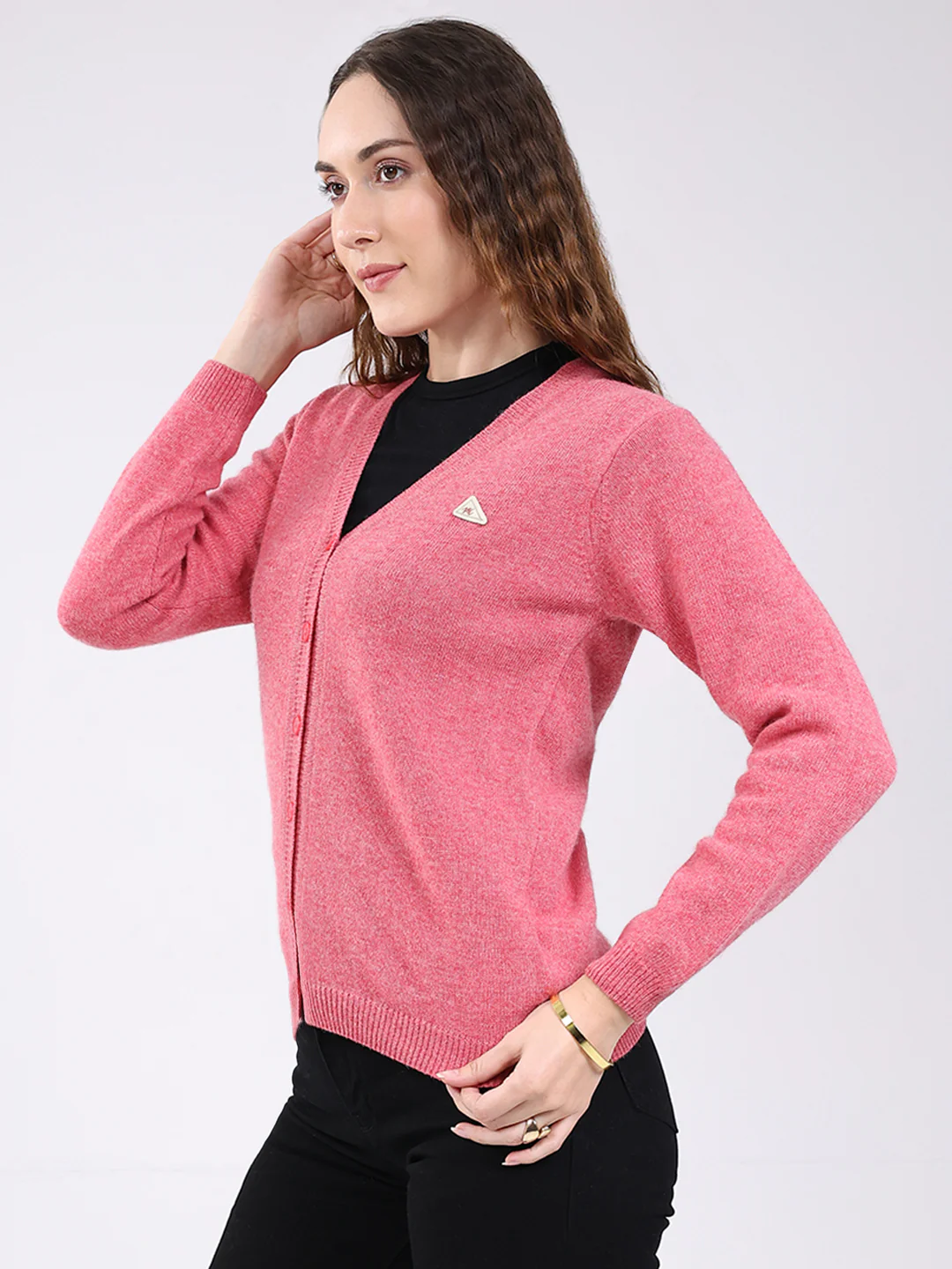 Women Pink Solid V Neck Full Sleeve Cardigan - Image 3