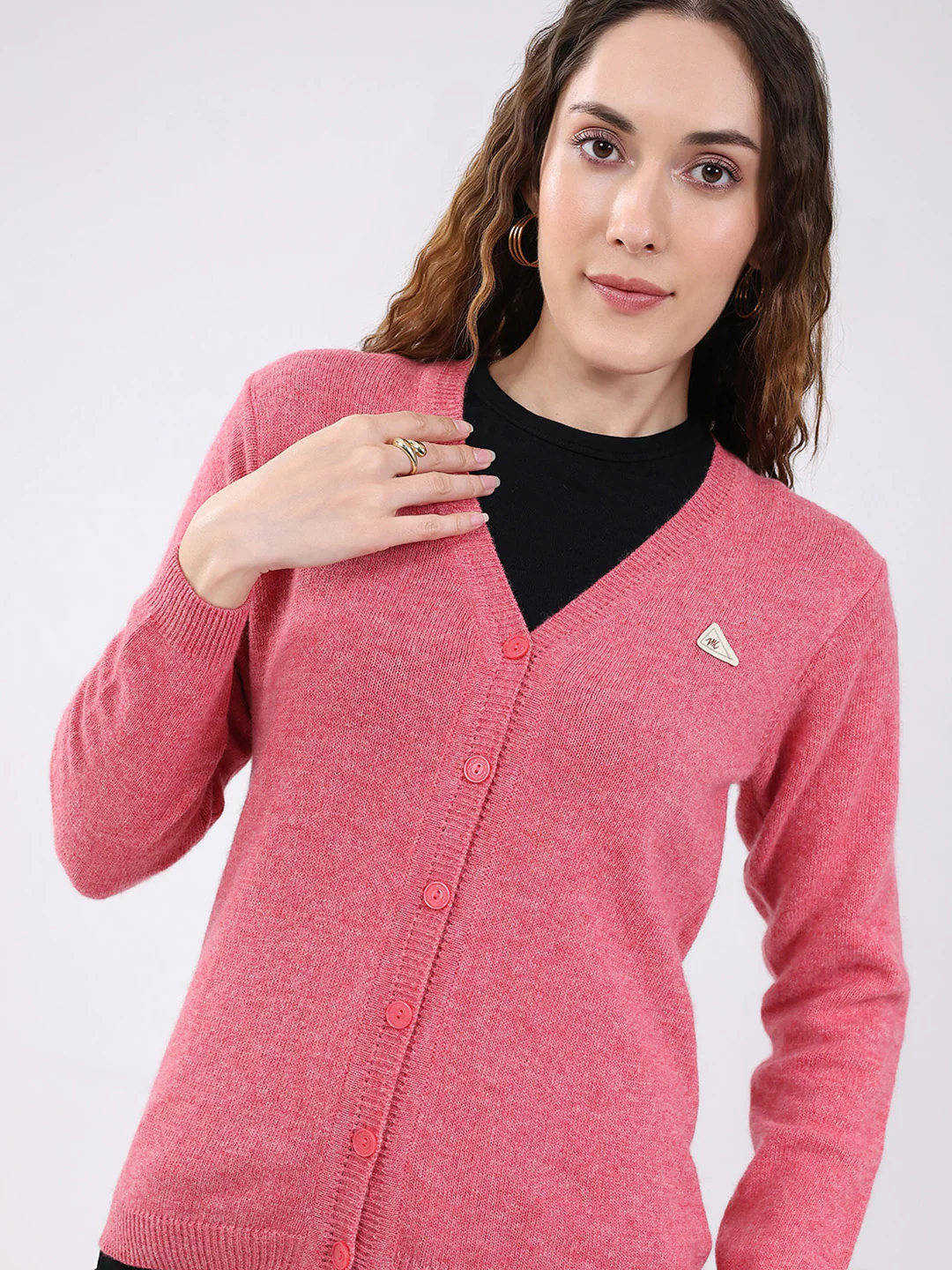Women Pink Solid V Neck Full Sleeve Cardigan - Image 6