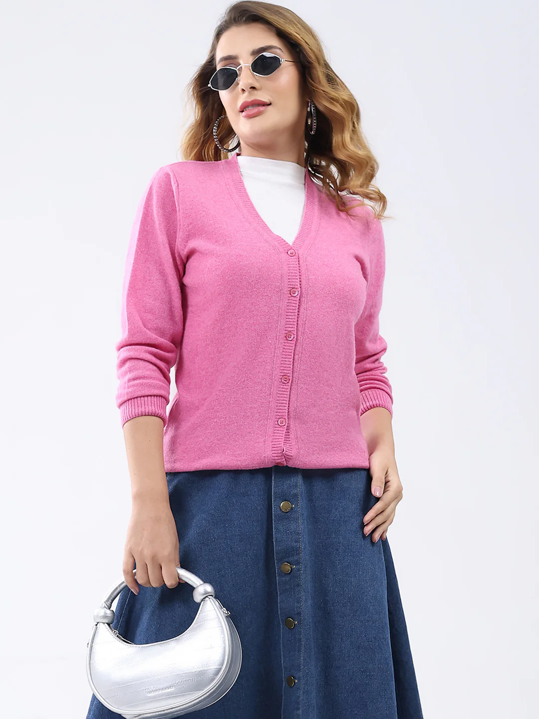 Women Pink Solid V Neck Full Sleeve Cardigan - Image 6