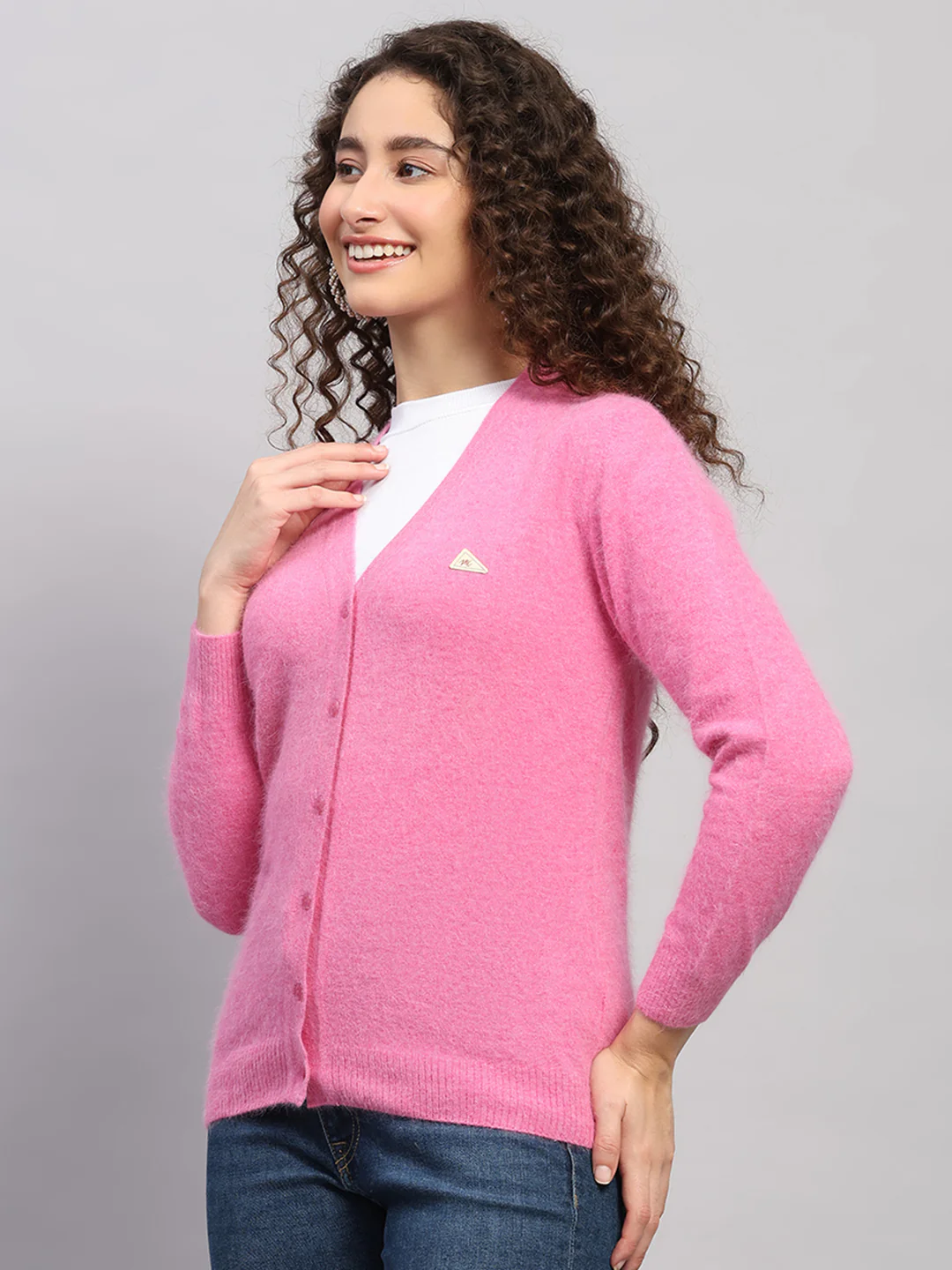 Women Pink Solid V Neck Full Sleeve Cardigan - Image 3