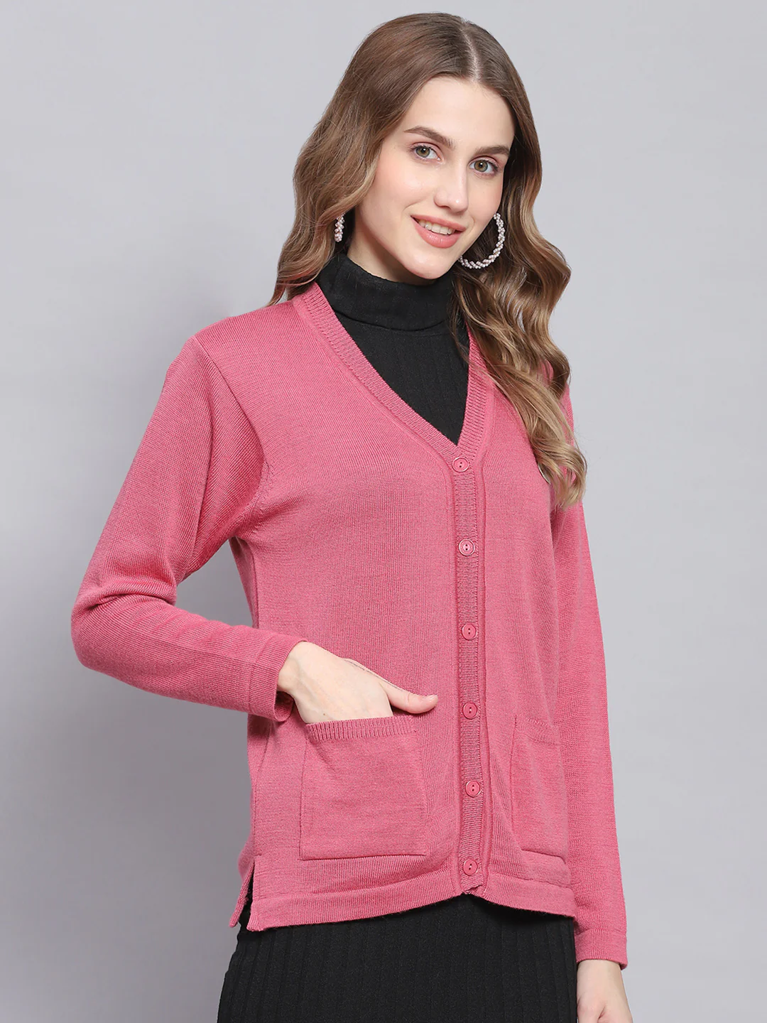 Women Pink Solid V Neck Full Sleeve Cardigans - Image 4