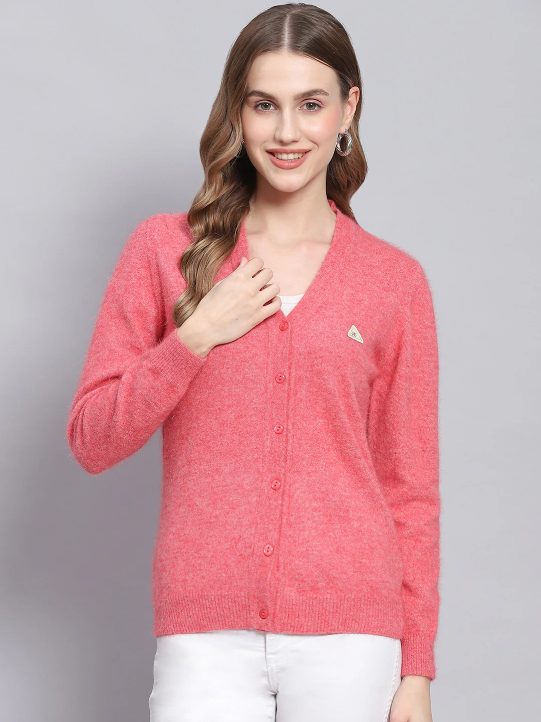 Women Pink Solid V Neck Full Sleeve Cardigans - Image 2