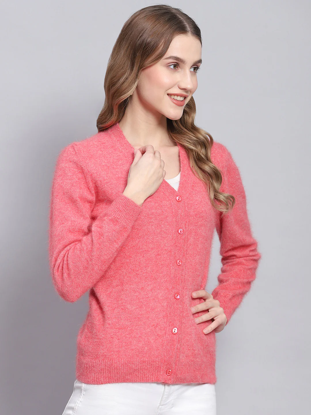 Women Pink Solid V Neck Full Sleeve Cardigans - Image 4