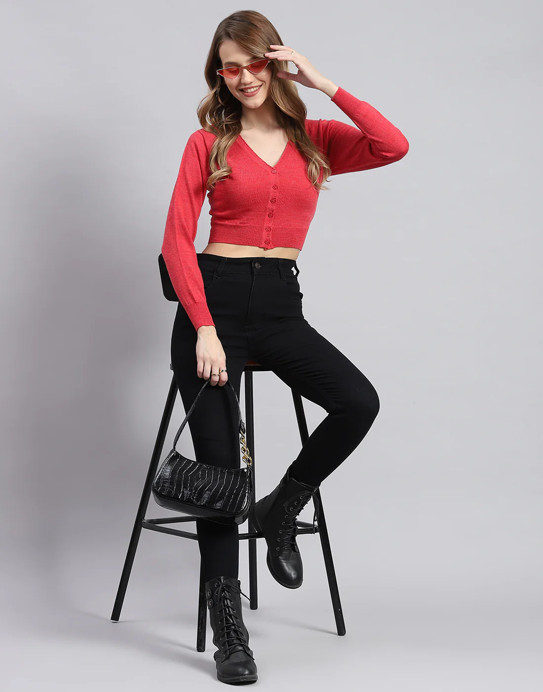 Women Pink Solid V Neck Full Sleeve Sweater - Image 2
