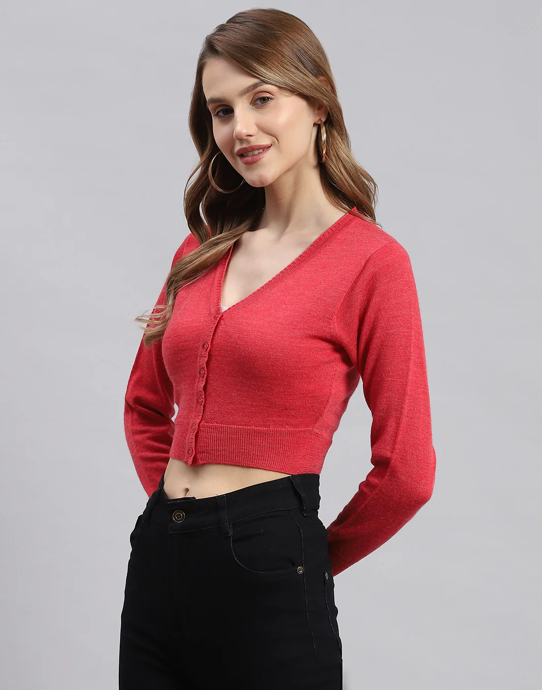 Women Pink Solid V Neck Full Sleeve Sweater - Image 3