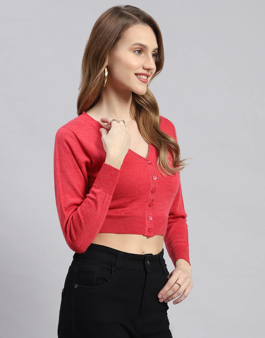 Women Pink Solid V Neck Full Sleeve Sweater - Image 4