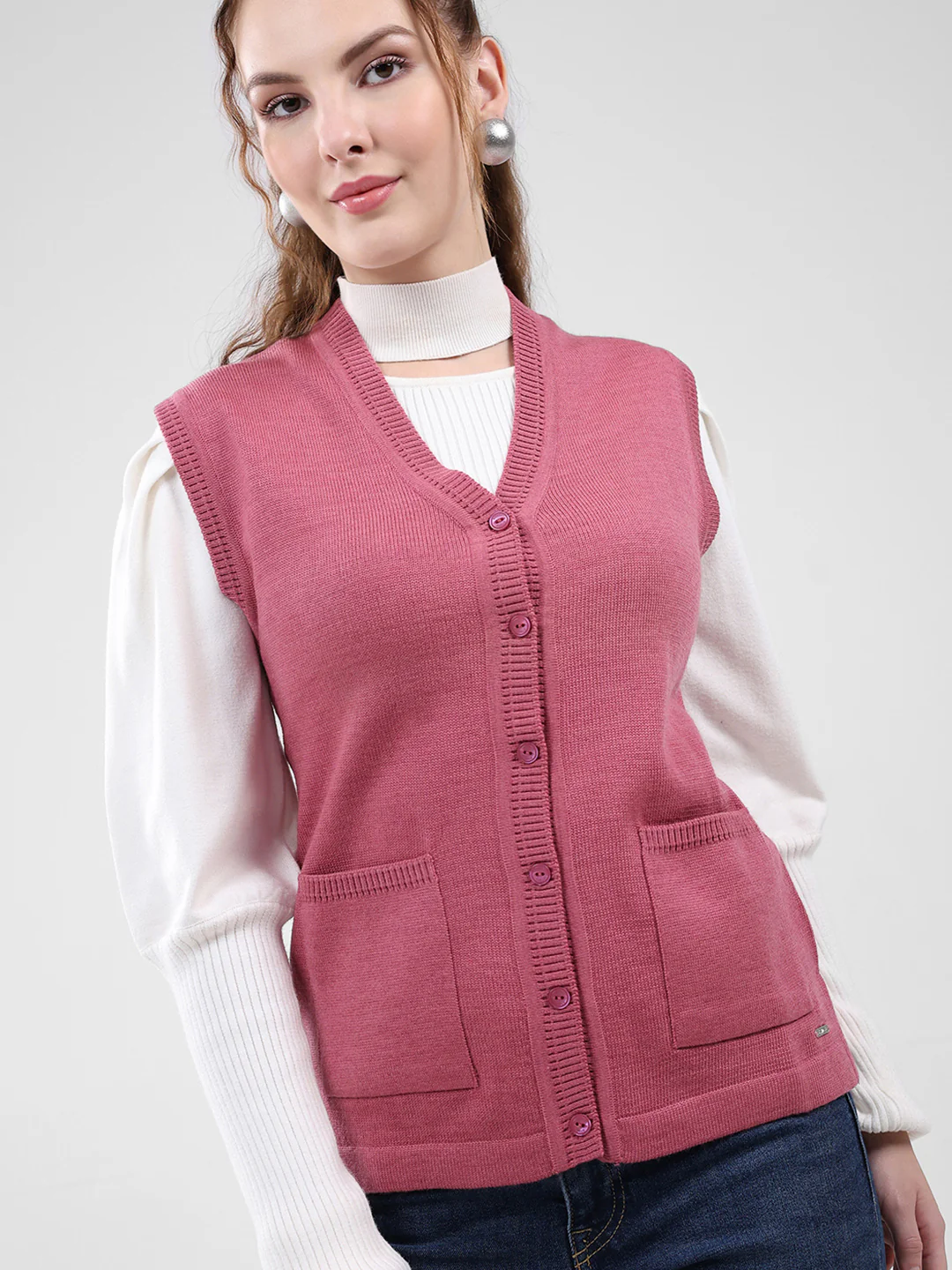 Women Pink Solid V Neck Sleeveless Cardigan - Image 6
