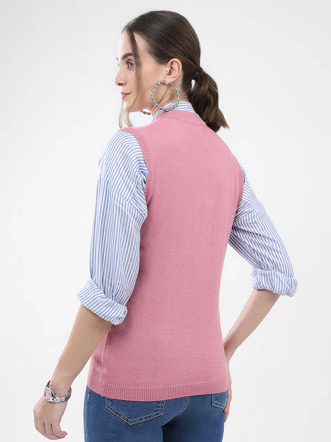 Women Pink Solid V Neck Sleeveless Cardigan - Image 5