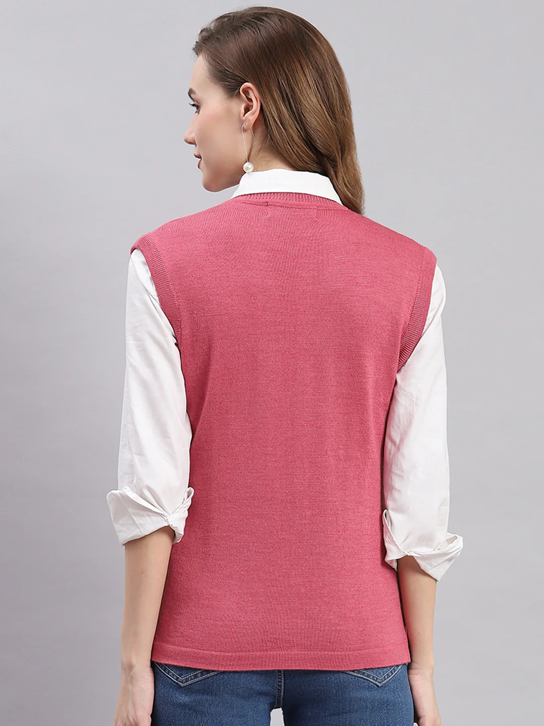 Women Pink Solid V Neck Sleeveless Cardigans - Image 5