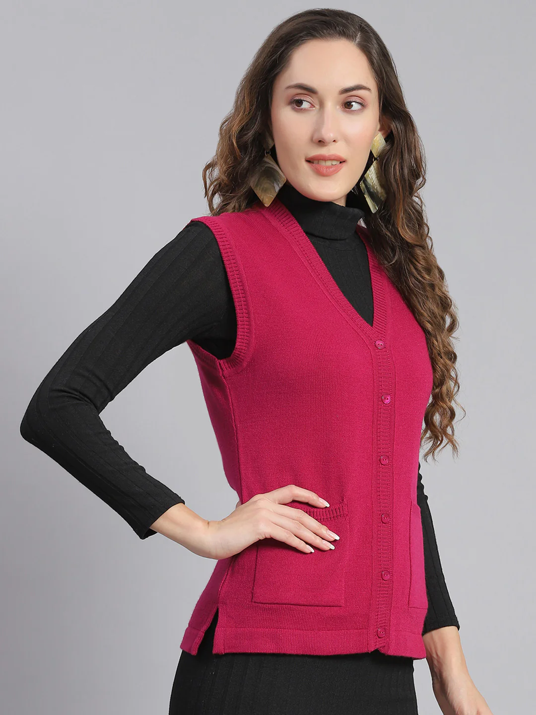 Women Pink Solid V Neck Sleeveless Cardigans - Image 4