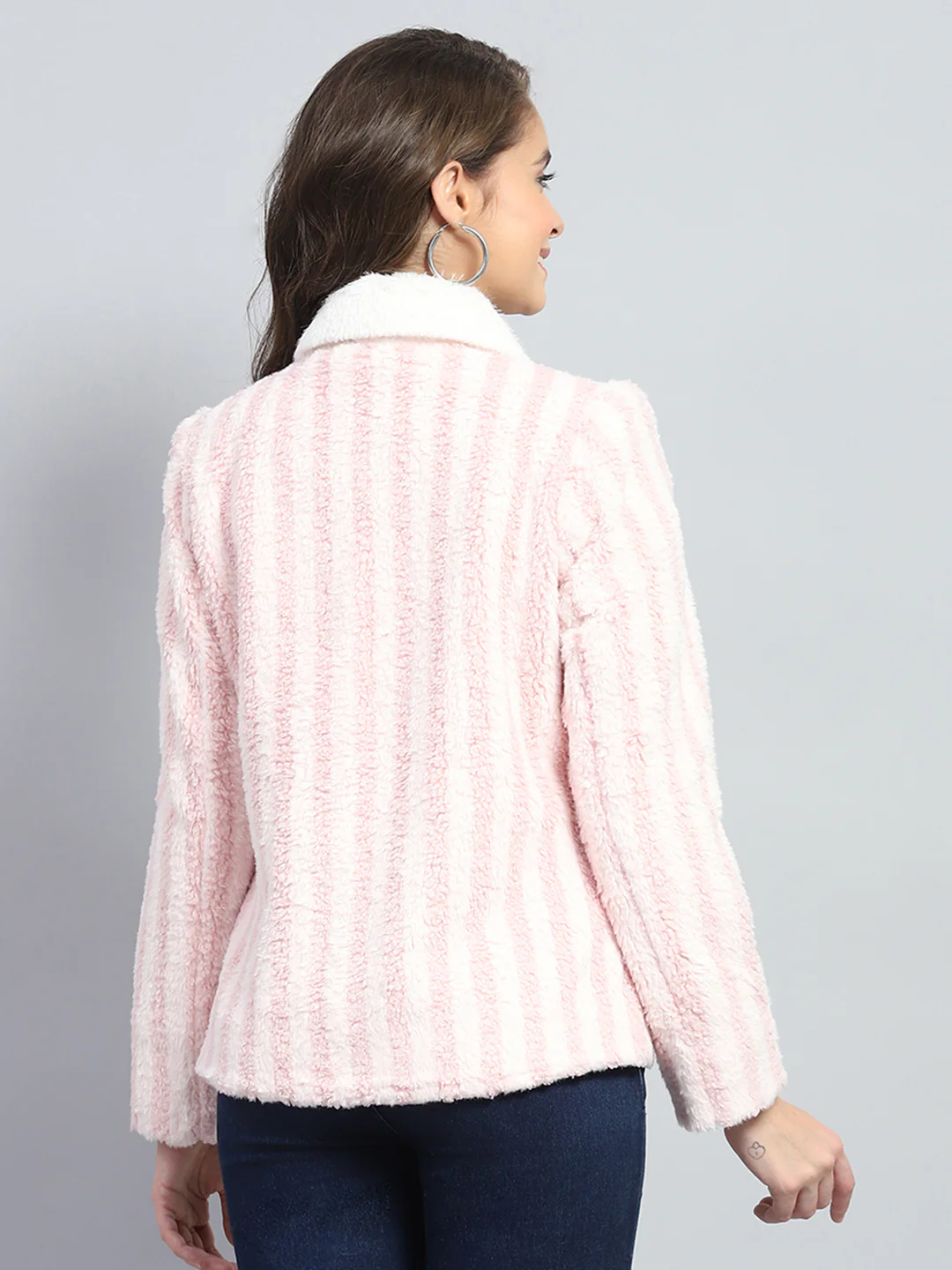 Women Pink Stripe Collar Full Sleeve Jacket - Image 5