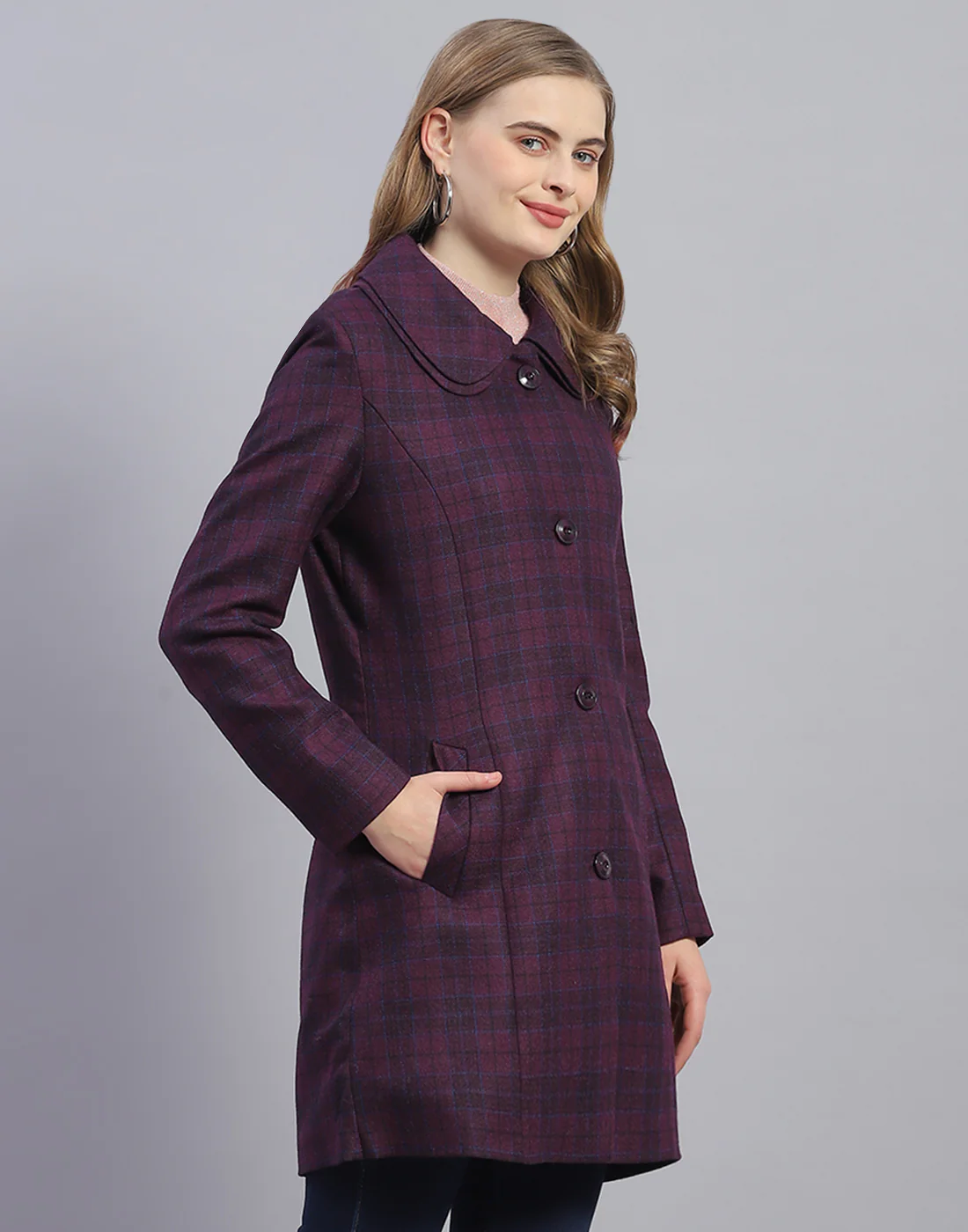 Women Purple Check Collar Full Sleeve Coat - Image 4