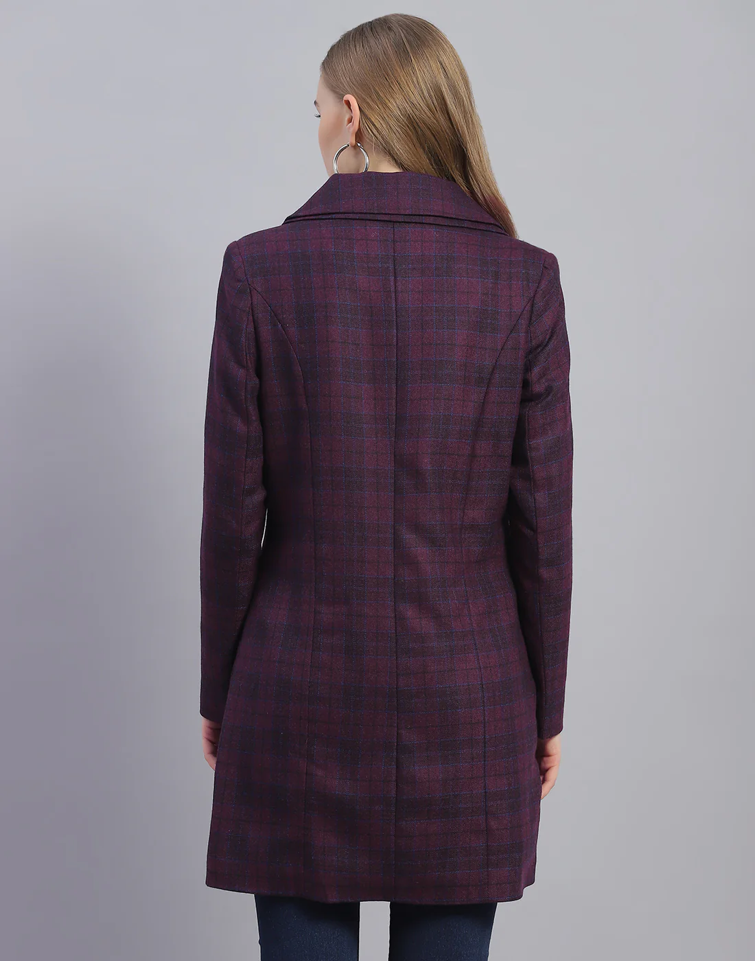 Women Purple Check Collar Full Sleeve Coat - Image 5