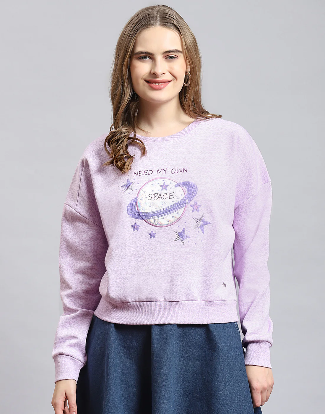 Women Purple Embellished Round Neck Full Sleeve Sweatshirt - Image 3