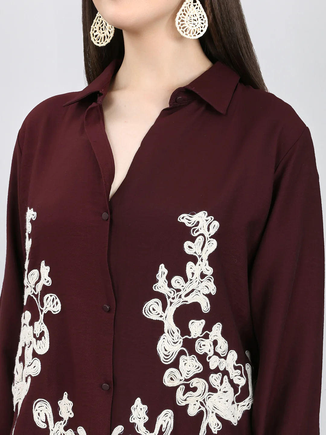 Women Purple Embroidered Collar Half Sleeve Cords Set - Image 5