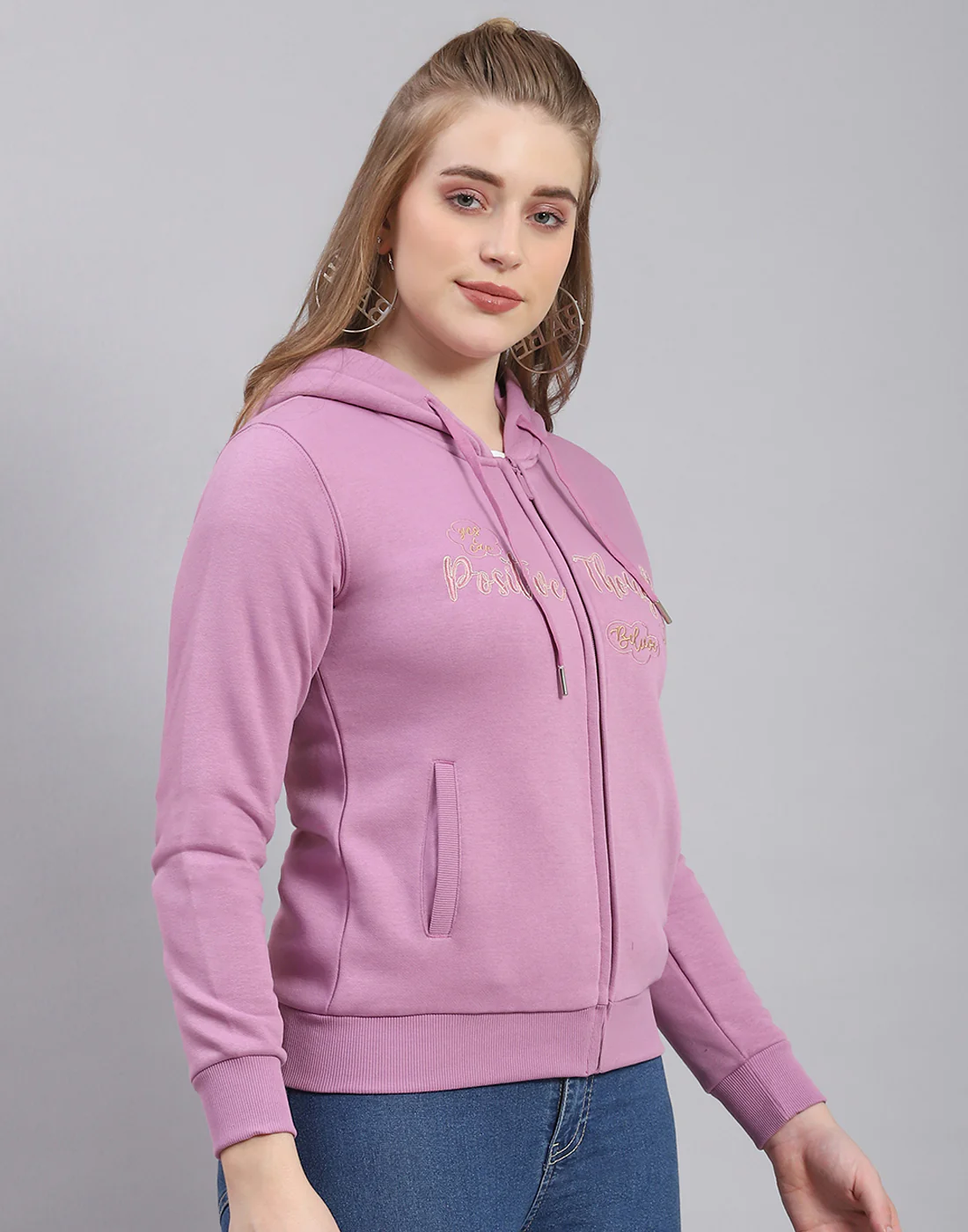 Women Purple Embroidered Hooded Full Sleeve Sweatshirt - Image 4