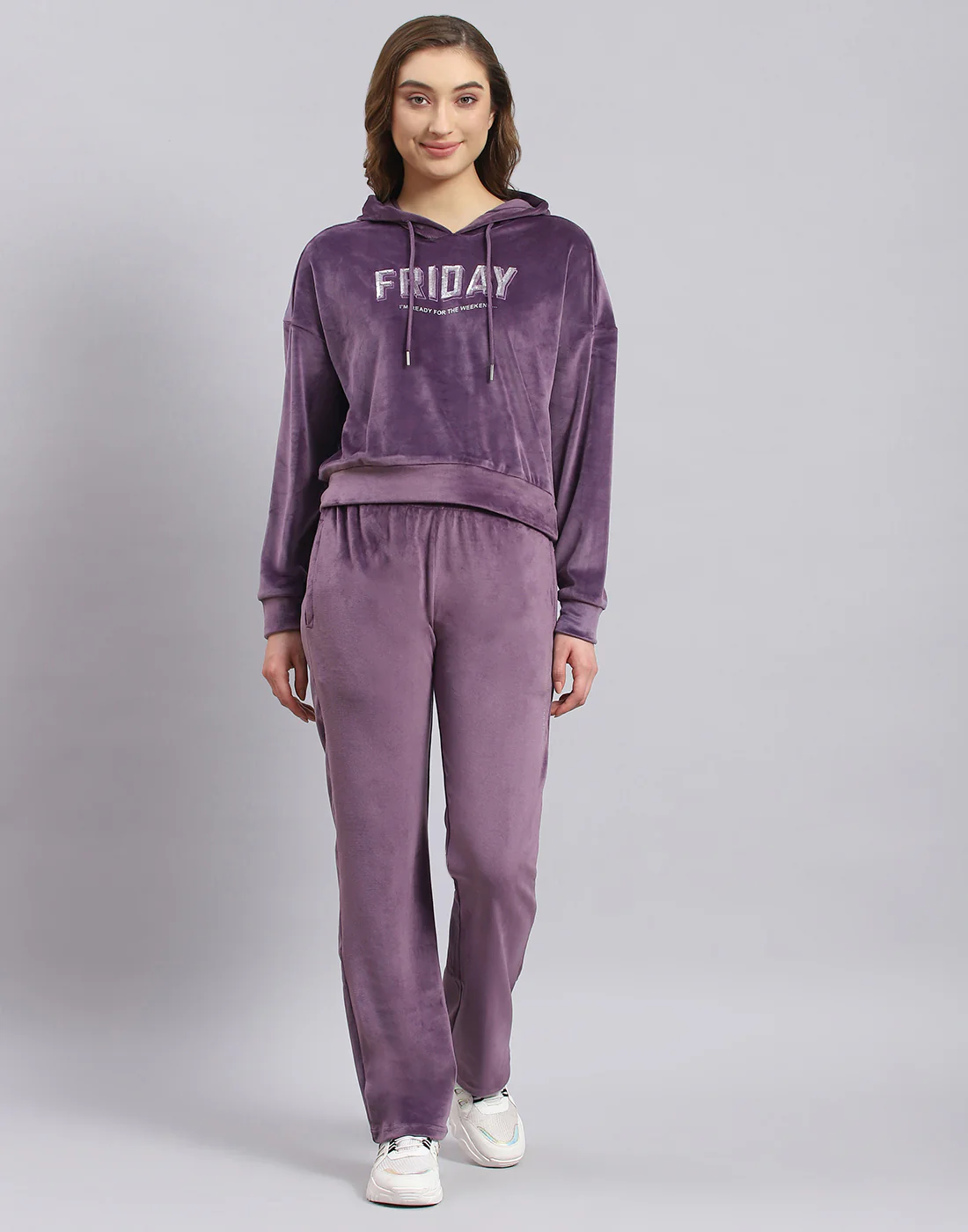 Women Purple Embroidered Hooded Full Sleeve Tracksuit - Image 2