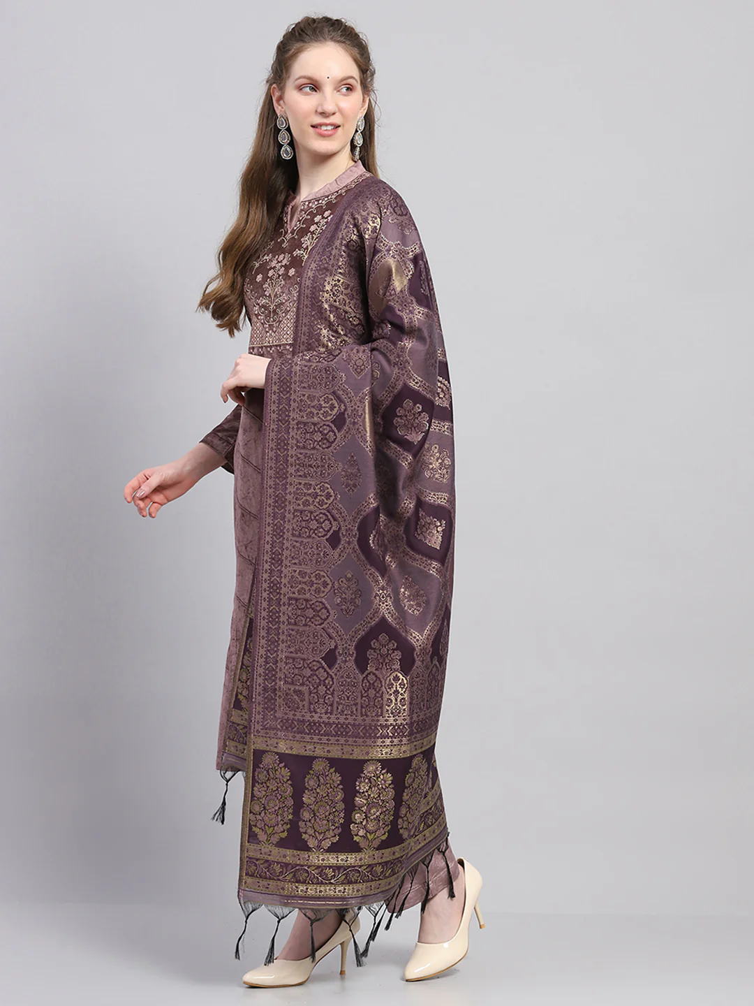Women Purple Embroidered Round Neck Full Sleeve Kurti Set with Stole - Image 3