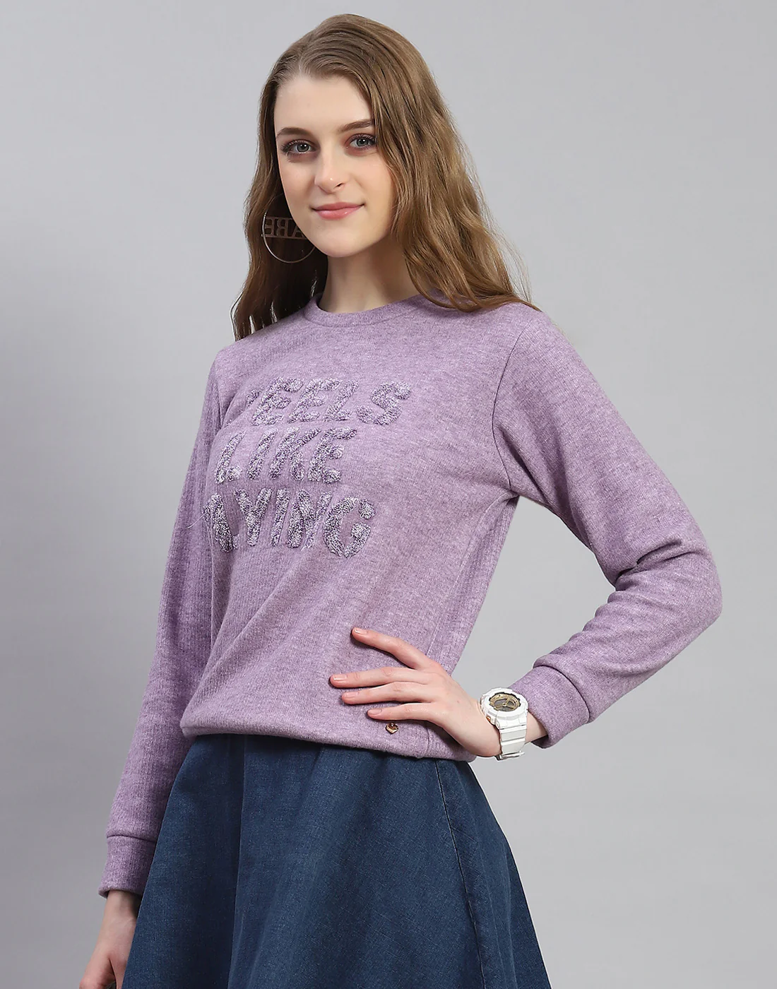Women Purple Embroidered Round Neck Full Sleeve Sweatshirt - Image 3