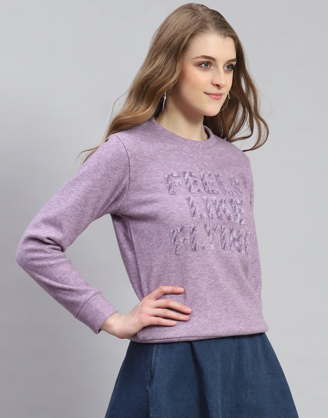 Women Purple Embroidered Round Neck Full Sleeve Sweatshirt - Image 4
