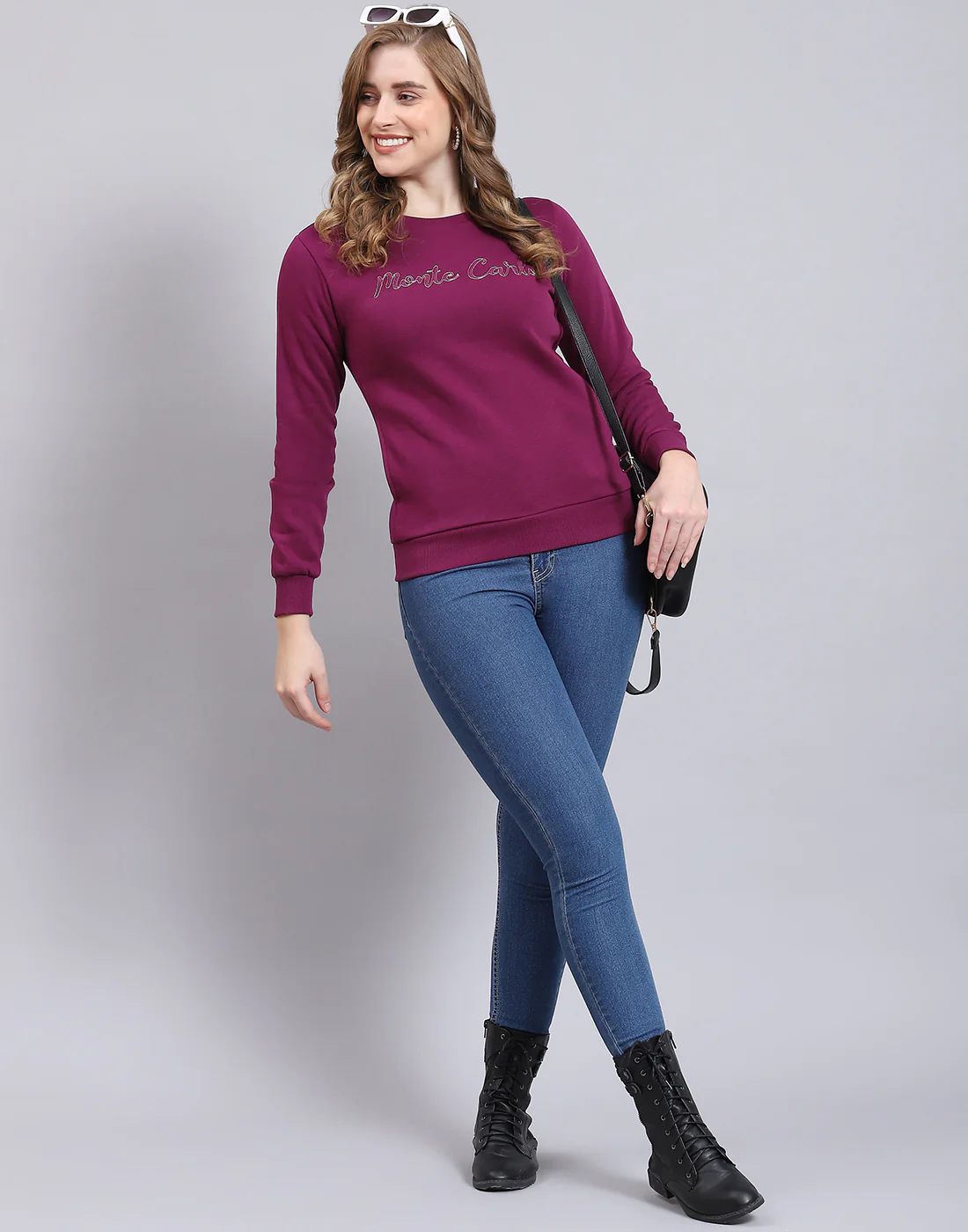 Women Purple Embroidered Round Neck Full Sleeve Sweatshirt - Image 2
