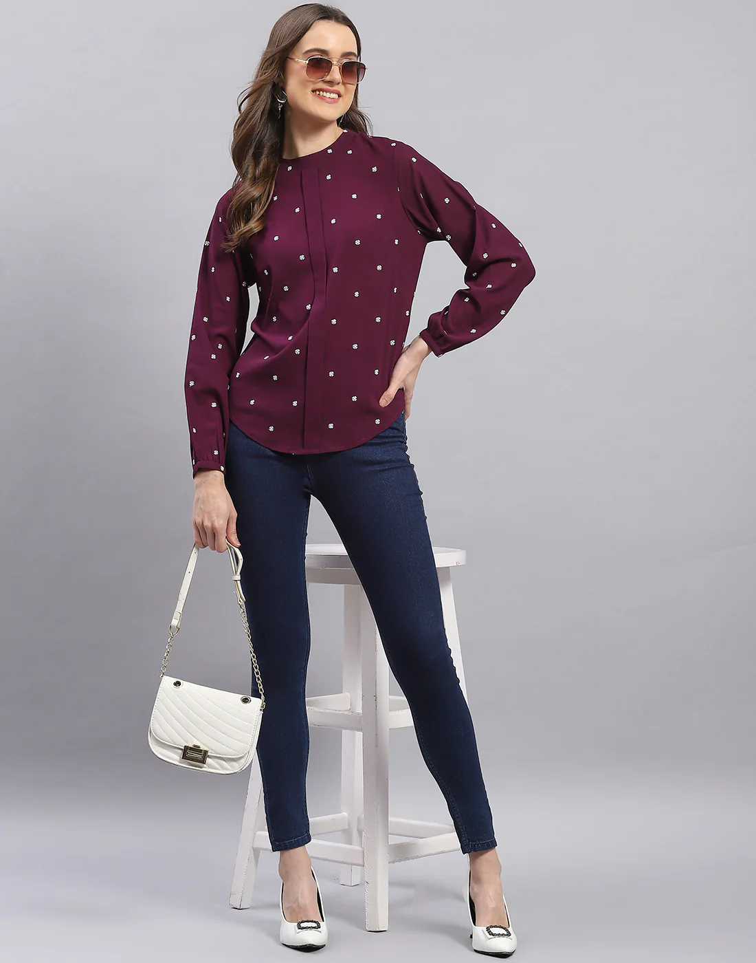 Women Purple Embroidered Round Neck Full Sleeve Top - Image 2
