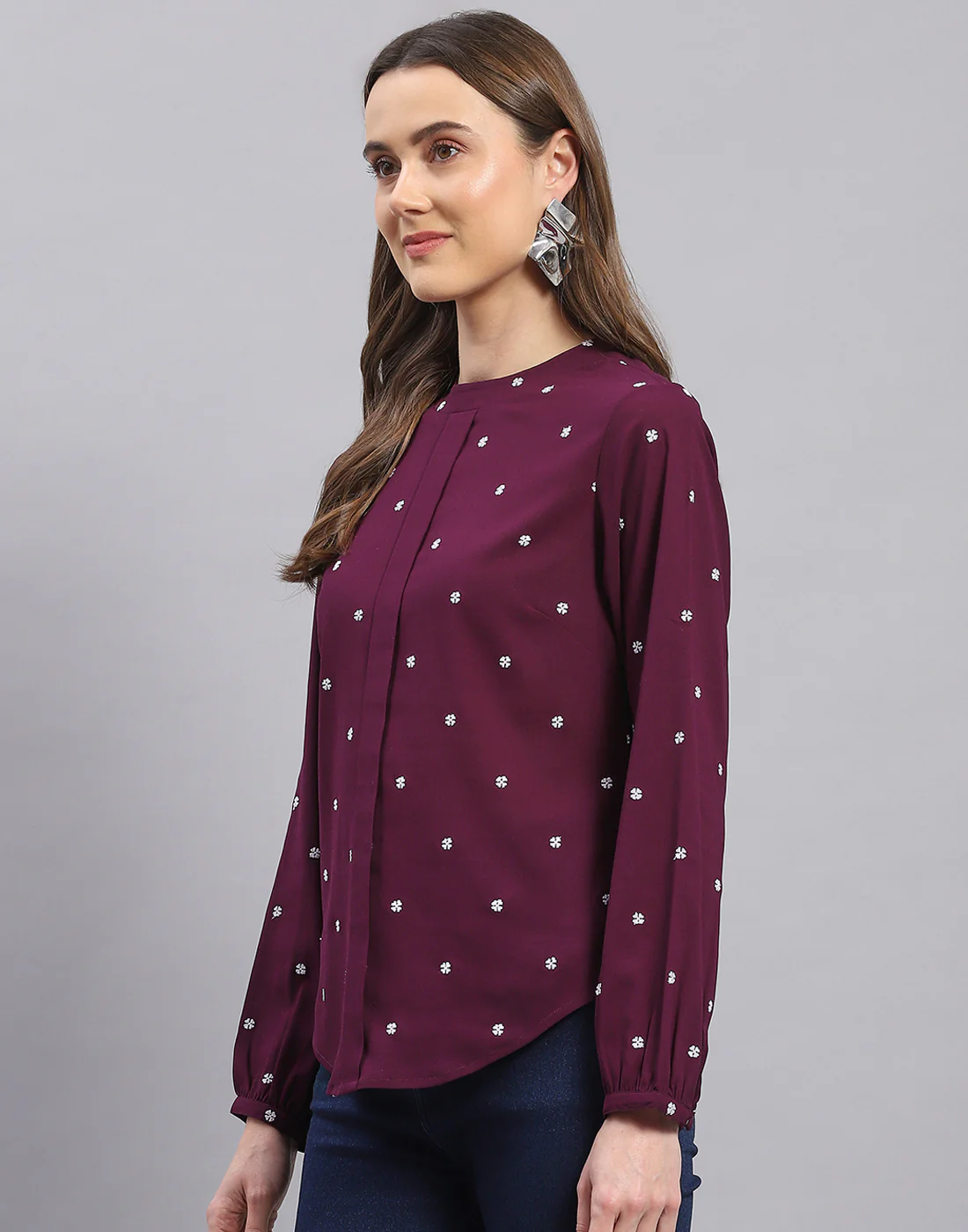 Women Purple Embroidered Round Neck Full Sleeve Top - Image 3