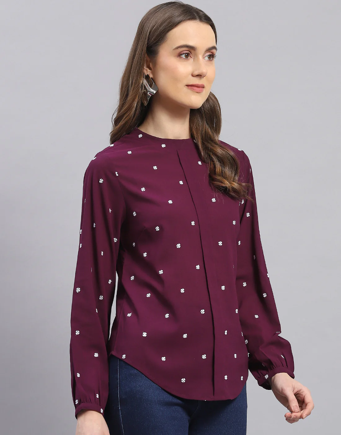 Women Purple Embroidered Round Neck Full Sleeve Top - Image 4