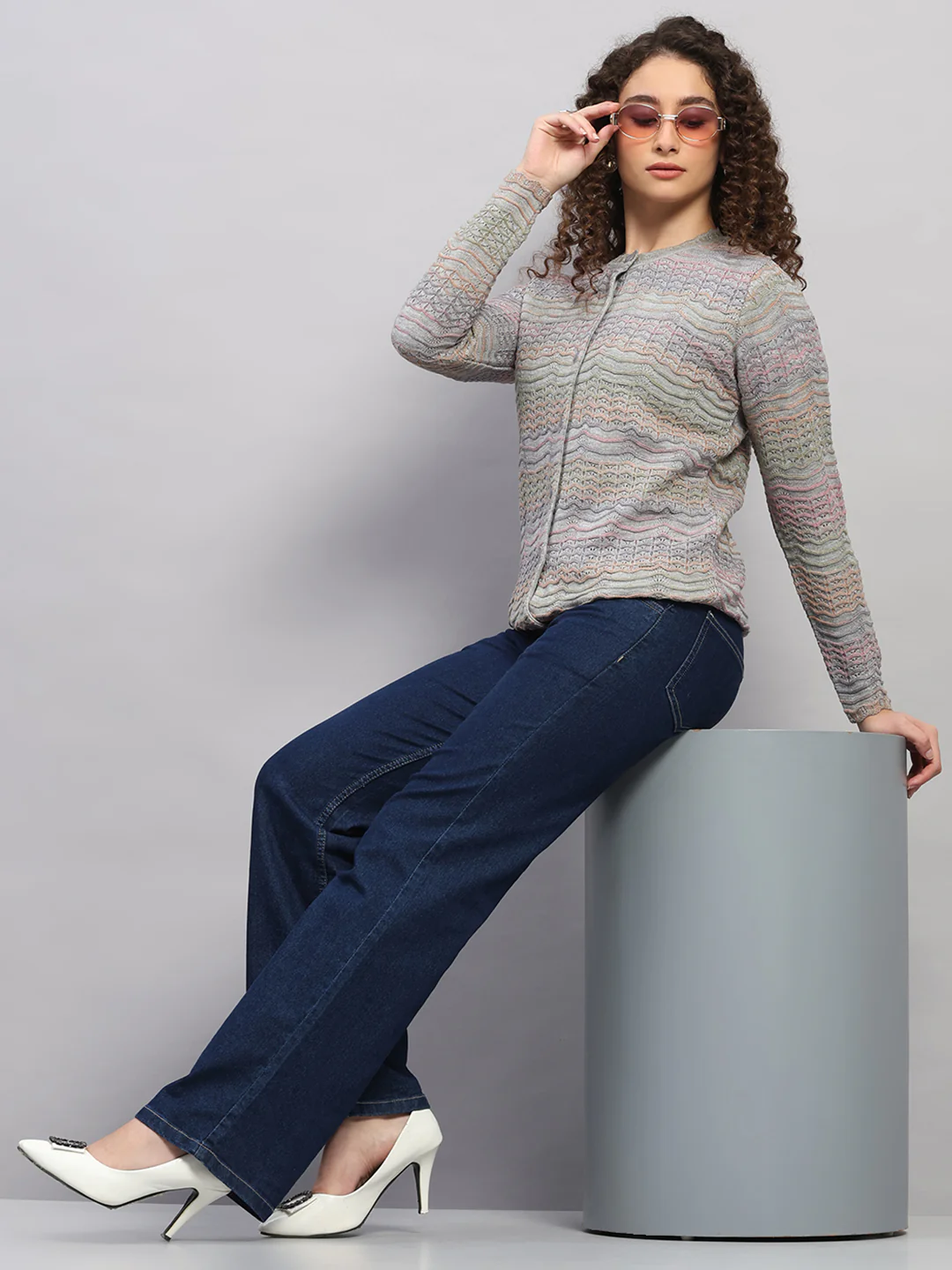 Women Purple Jaquard Round Neck Full Sleeve Cardigan - Image 2
