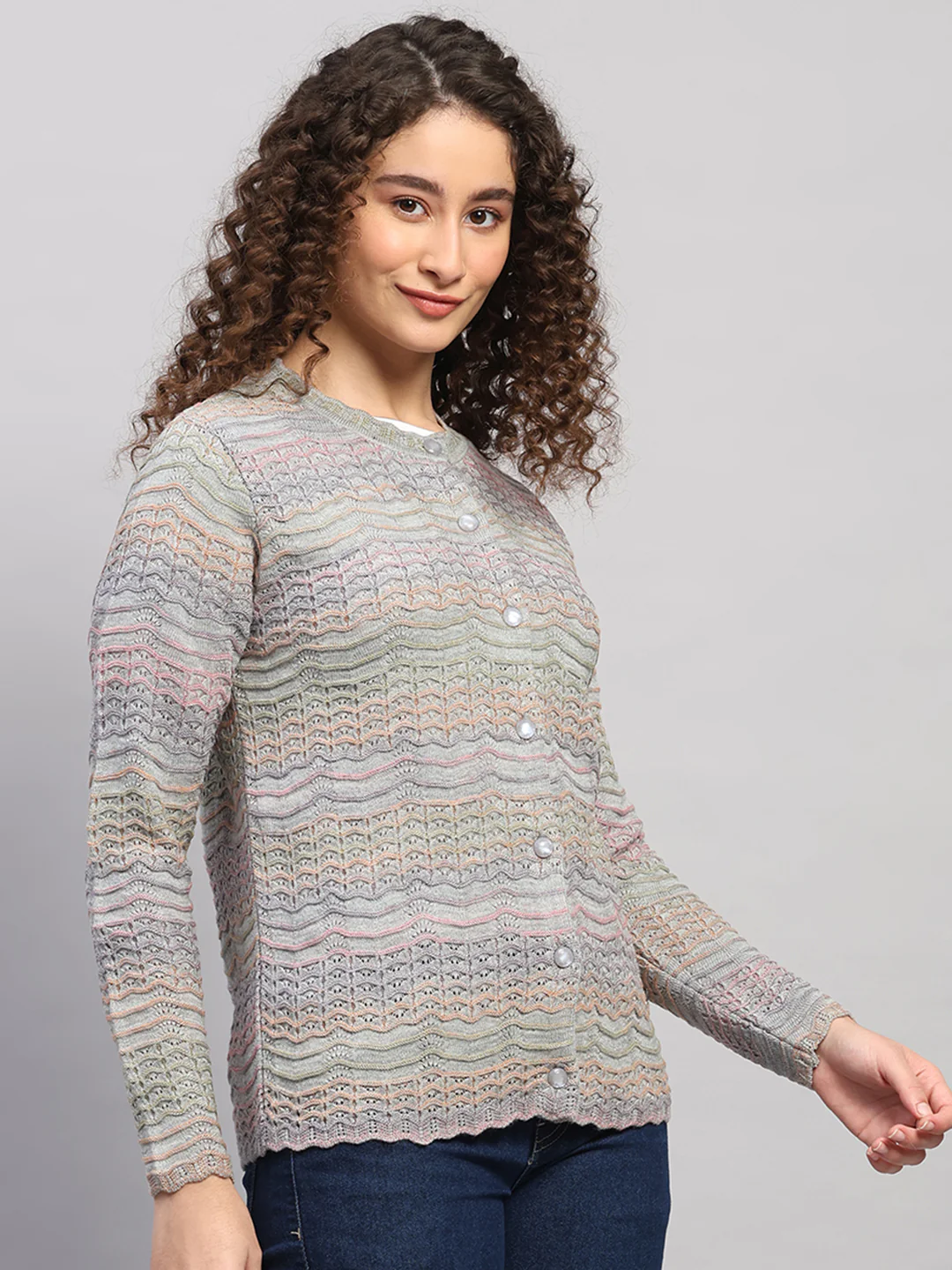 Women Purple Jaquard Round Neck Full Sleeve Cardigan - Image 4