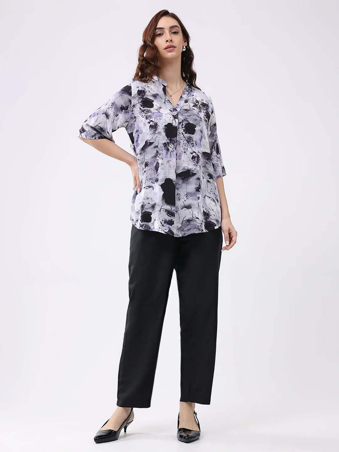 Women Purple Printed Band Neck 3/4th Sleeve Cords Set - Image 3