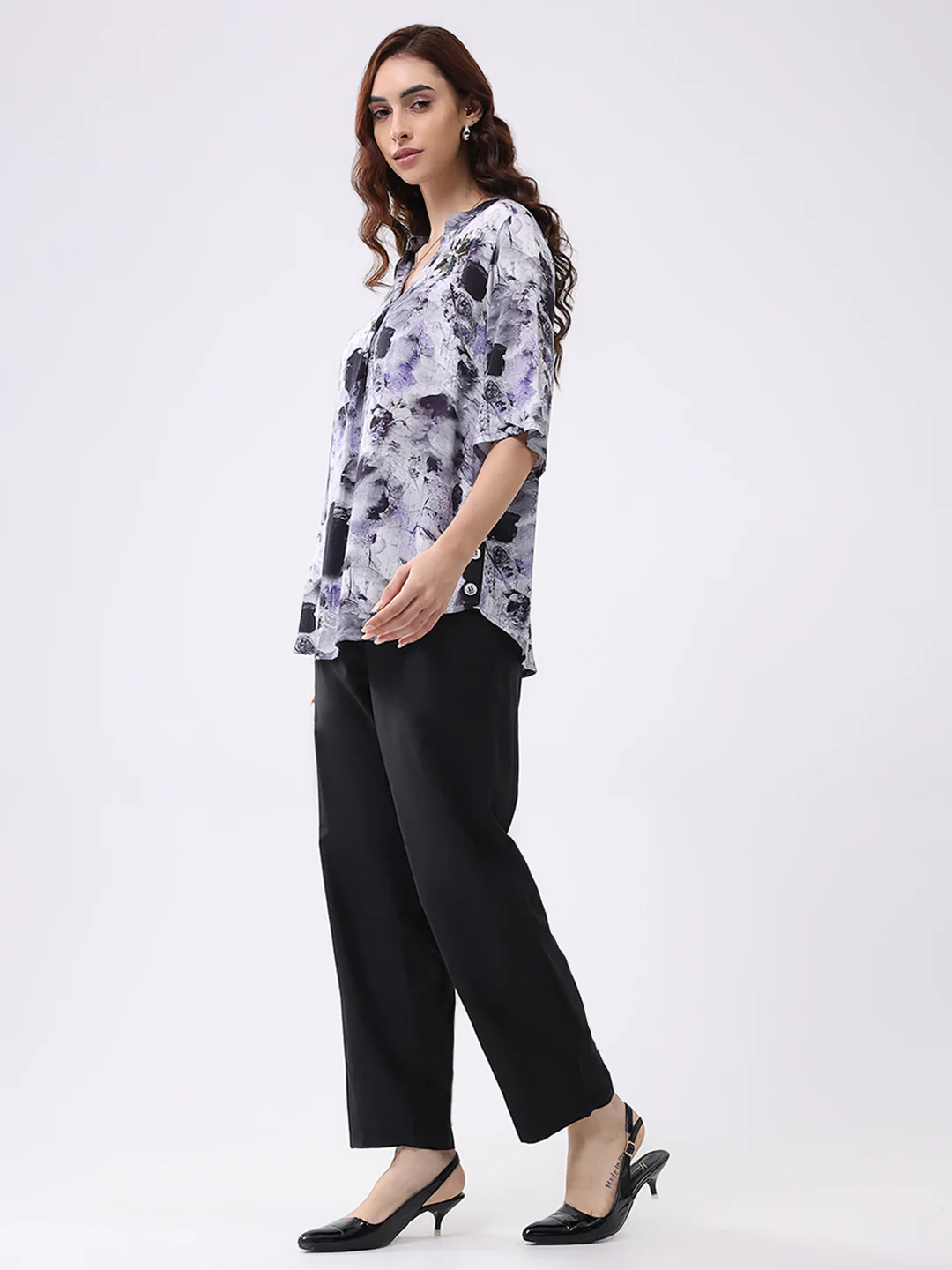 Women Purple Printed Band Neck 3/4th Sleeve Cords Set - Image 4