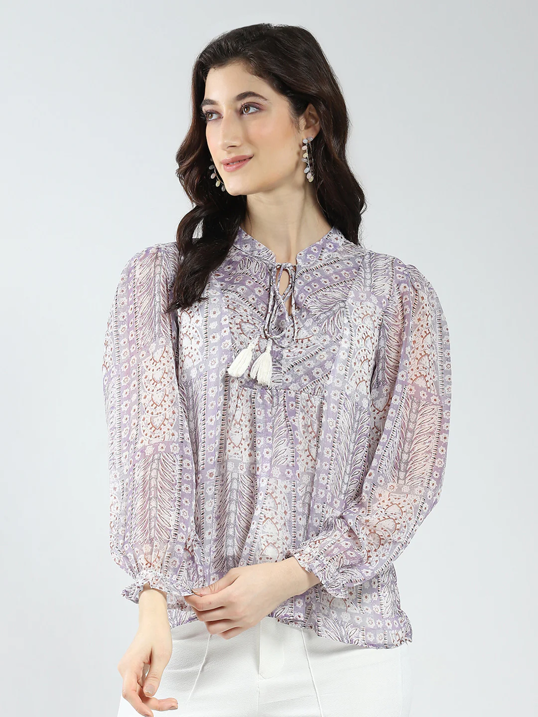 Women Purple Printed Band Neck Full Sleeve Top - Image 3