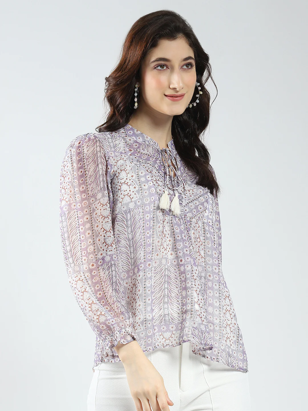 Women Purple Printed Band Neck Full Sleeve Top - Image 5